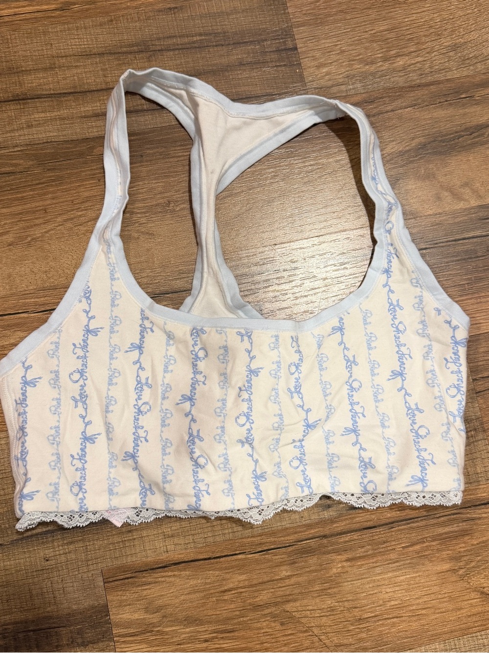 LoveShackFancy x Pink White Bralette with Light Blue Script